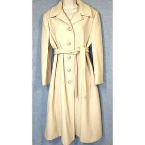 Vtg 100% Pure Cashmere Coat Women 8 AMICALE Midi Cream Button Tie Belt Polished